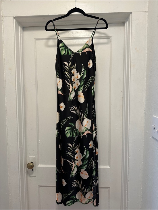 among the brave Dresses & Skirts - Black Floral Maxi Slip Dress with Green Tropical Leaves
